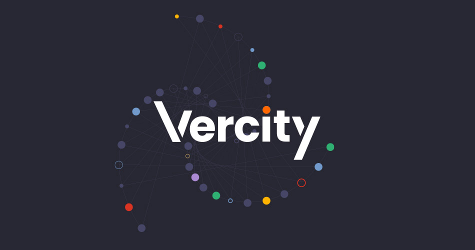 Vercity logo on a black background with a swirl of coloured small dots