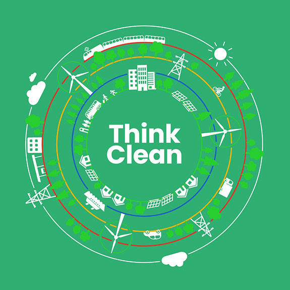 Think Clean infographic with energy, housing, ecology and transport symbols