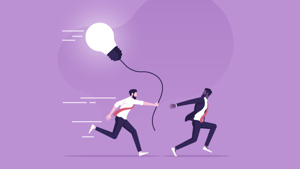 graphic of a running man passing a lit lightbulb to another